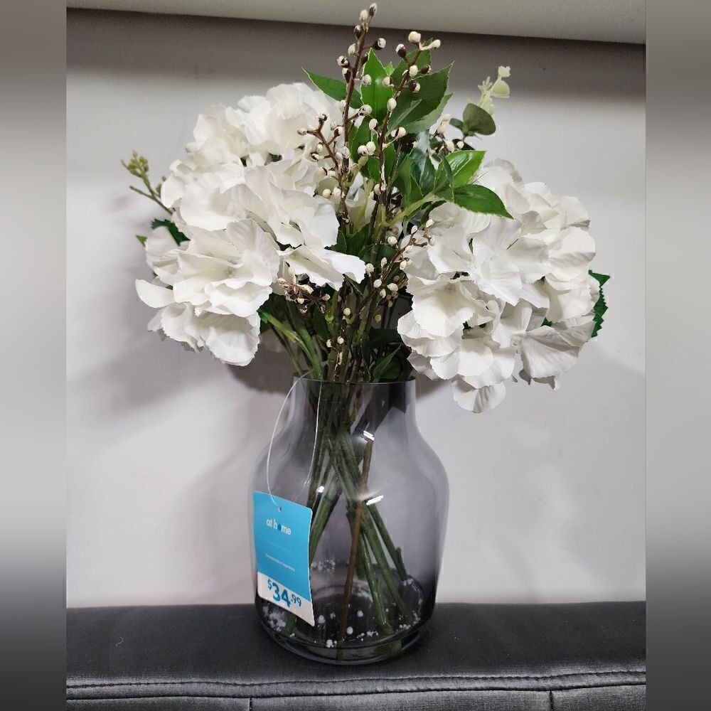 New Blooming Hydrangea Artificial with Glass Vase Arrangement